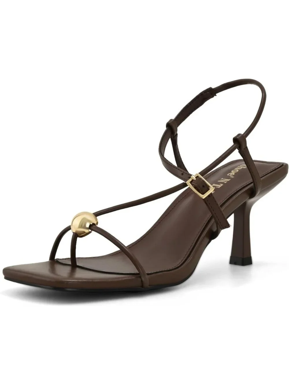 Women's Brown Kitten Heels Sandals Flip Flop Square Open Toe Strappy Ankle Strap - Picture 1 of 6